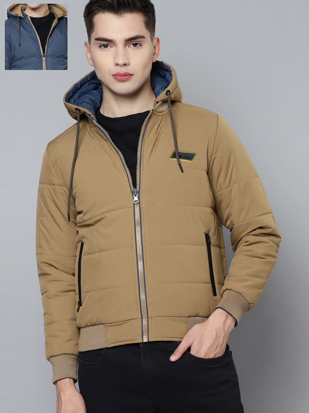 

Fort Collins Men Beige & Navy Blue Reversible Hooded Bomber Jacket