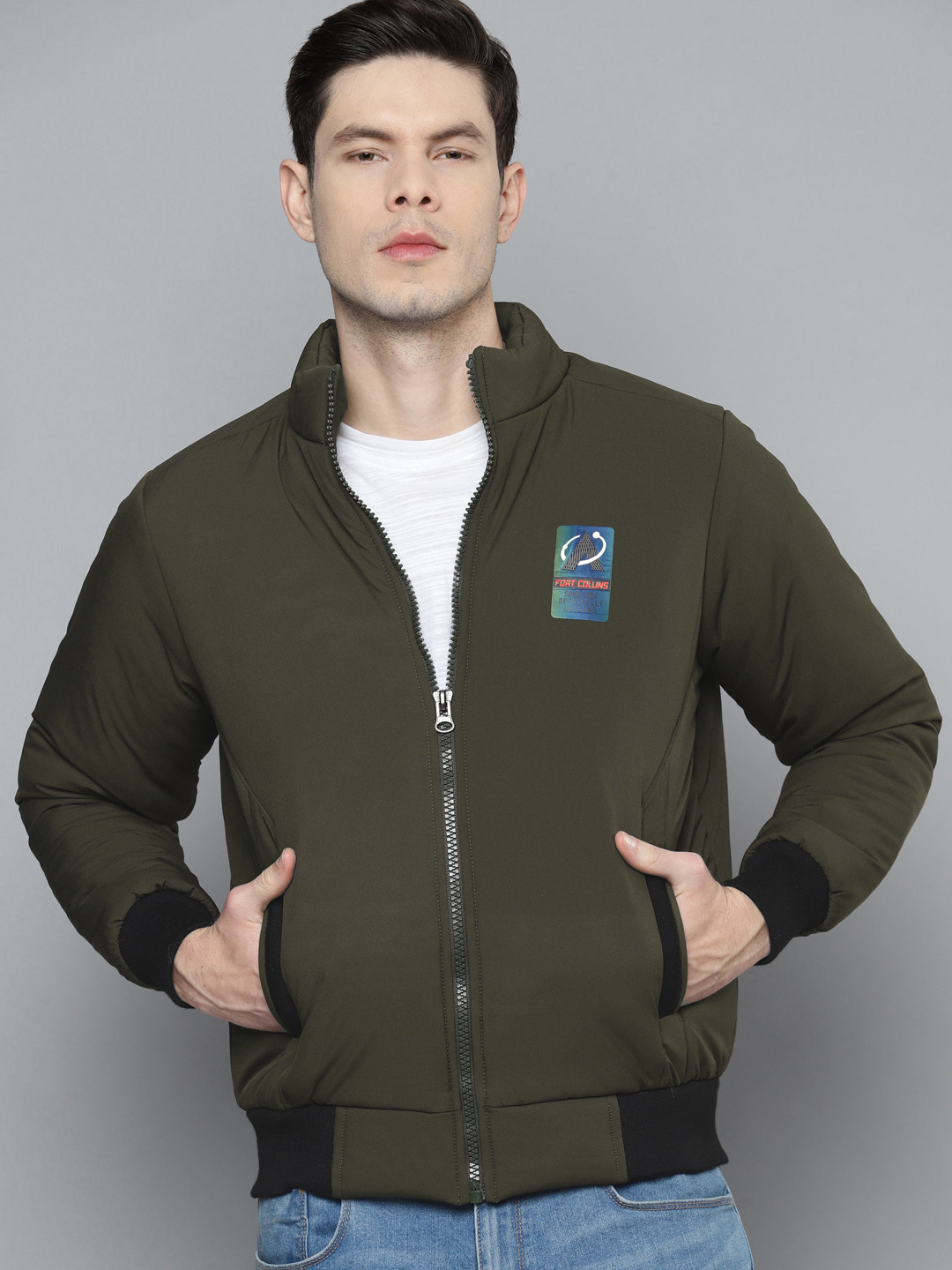 

Fort Collins Men Olive Green Solid Bomber Jacket