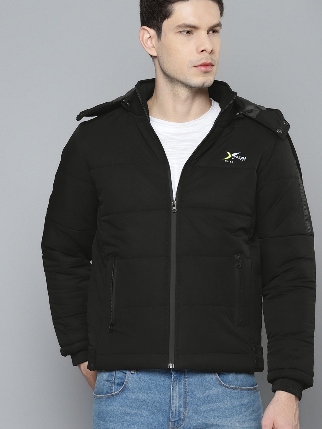

Fort Collins Men Black Solid Padded Jacket with Detachable Hood