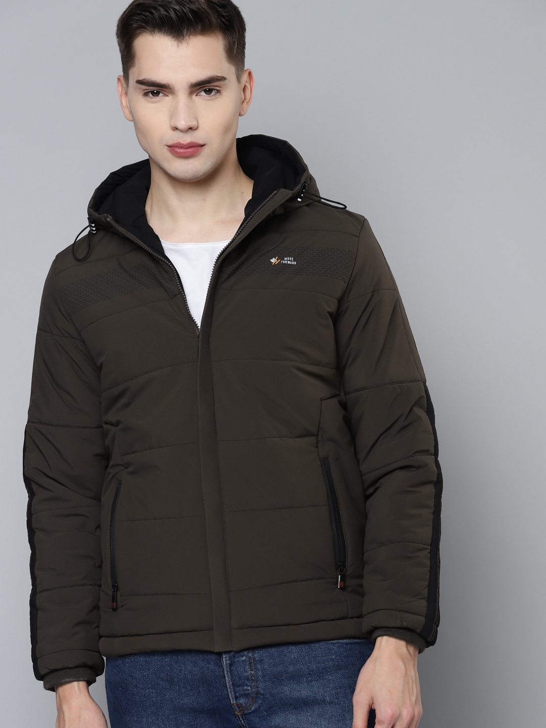 

Fort Collins Men Olive Green Solid Hooded Padded Jacket
