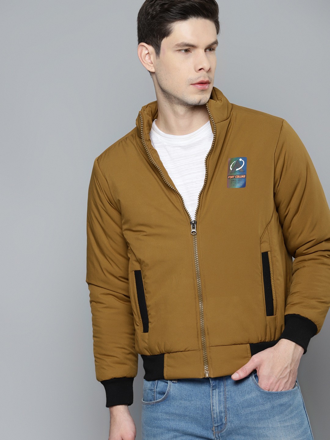 

Fort Collins Men Mustard Brown Solid Bomber Jacket