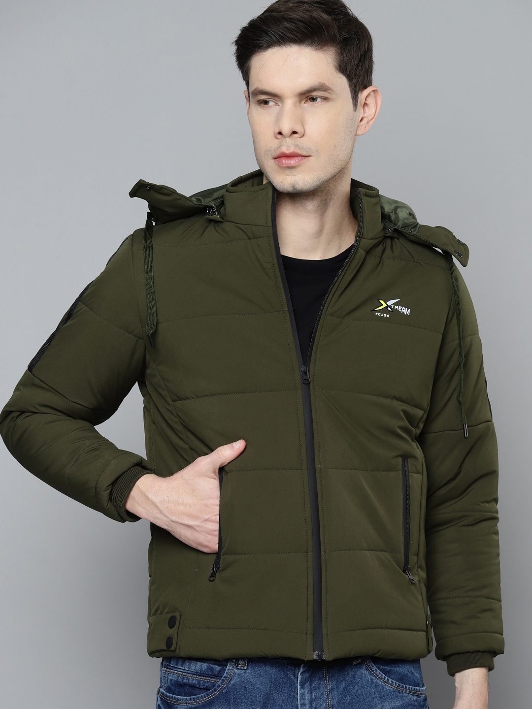 

Fort Collins Men Olive Green Solid Padded Jacket with Detachable Hood