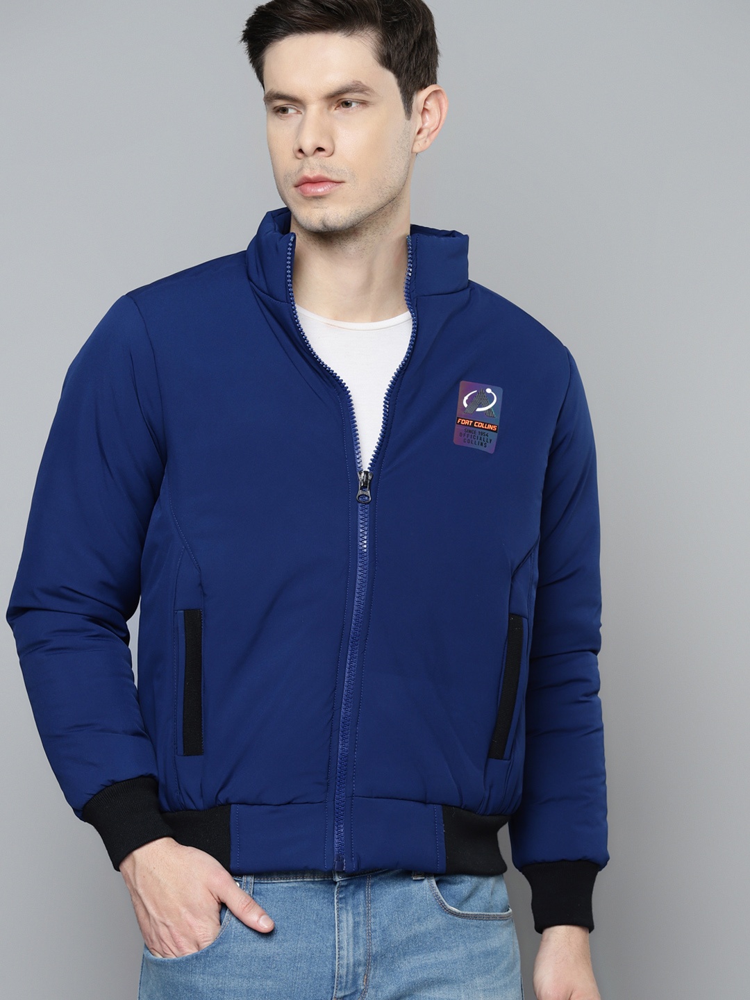 

Fort Collins Men Blue Solid Bomber Jacket