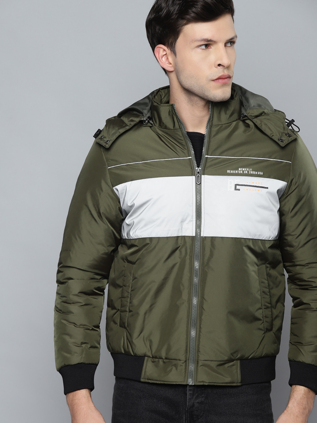 

Fort Collins Men Olive Green & Grey Colourblocked Padded Detachable Hood Jacket