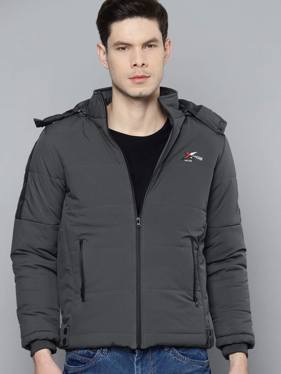 

Fort Collins Men Charcoal Grey Solid Padded Jacket with Detachable Hood