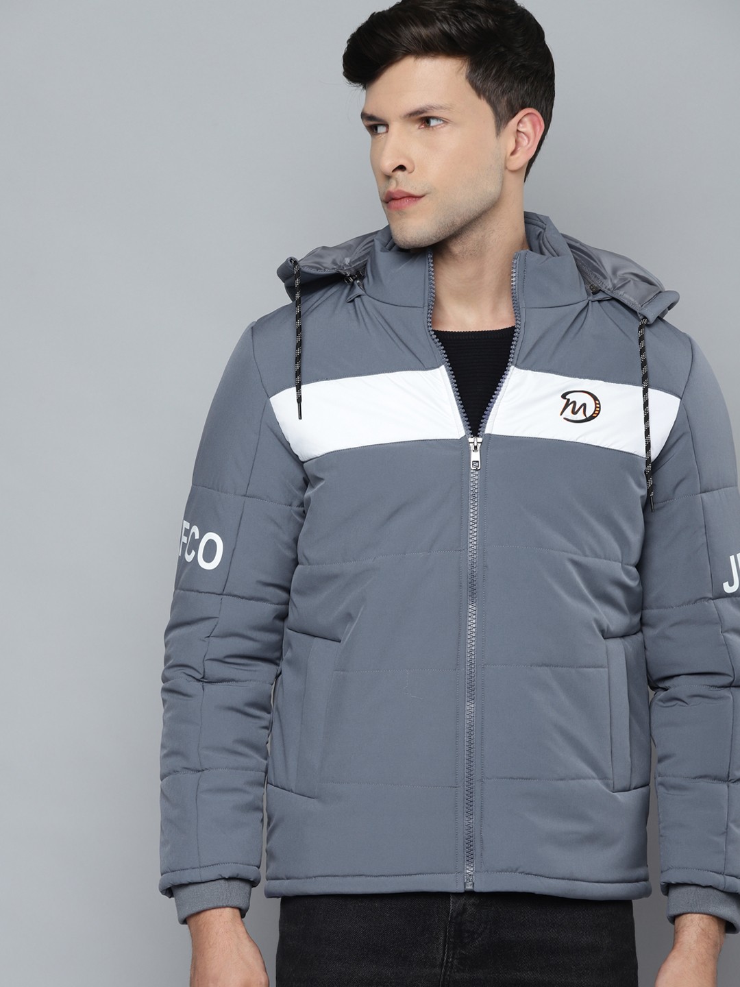 

Fort Collins Men Blue & White Colourblocked Padded Jacket With Detachable Hood
