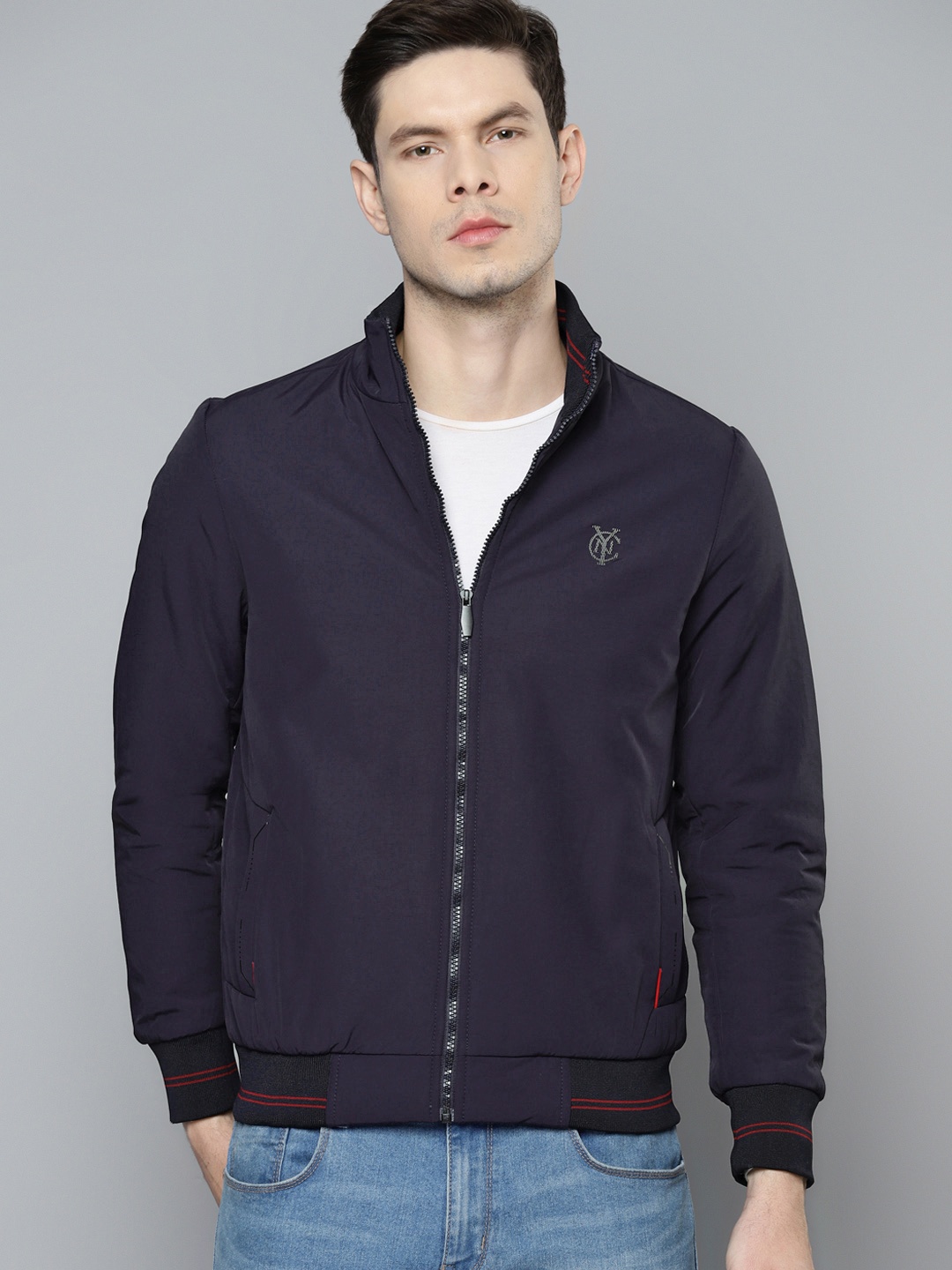 

Fort Collins Men Navy Blue Solid Bomber Jacket
