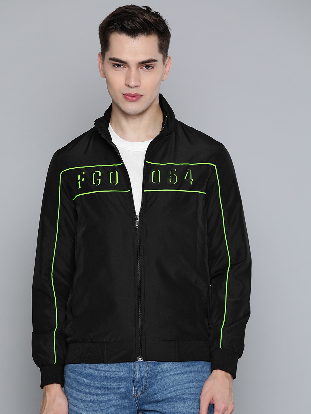 

Fort Collins Men Black & Fluorescent Green Typography Printed Tailored Jacket