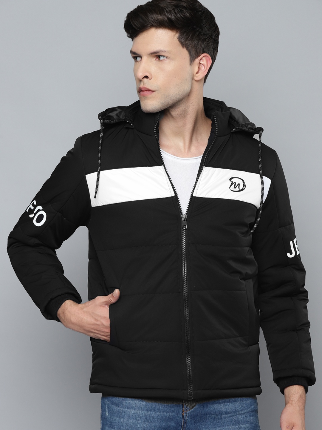 

Fort Collins Men Black White Colourblocked Padded Jacket With Detachable Hood