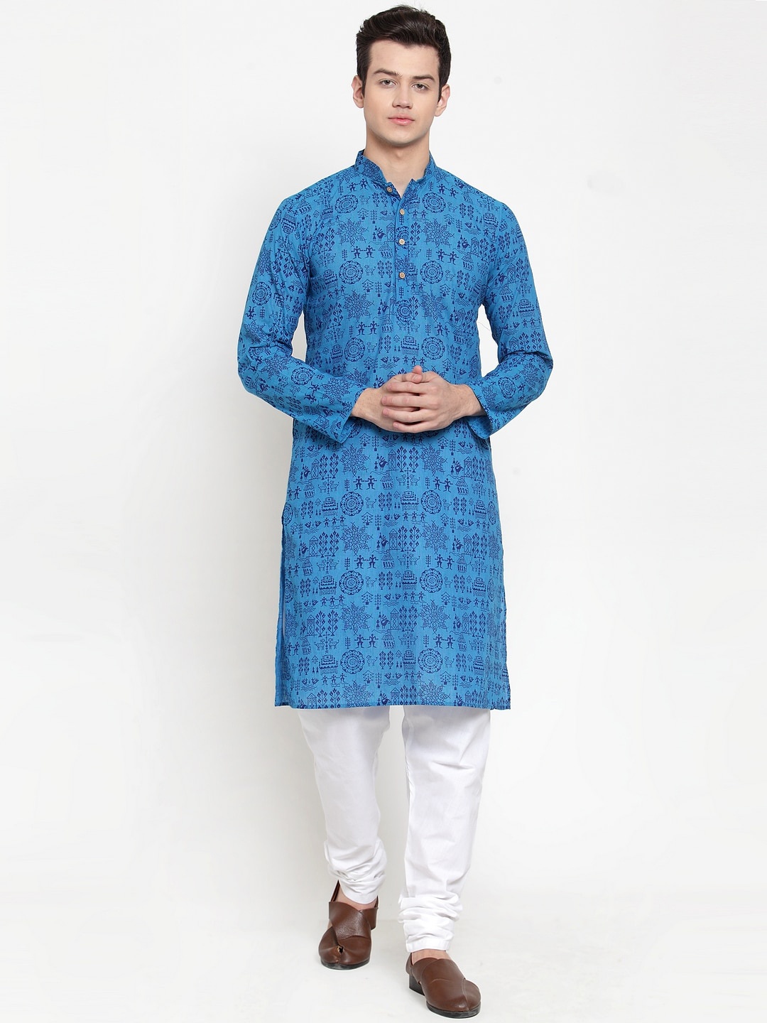 

RG DESIGNERS Men Blue Printed Regular Kurta with Churidar