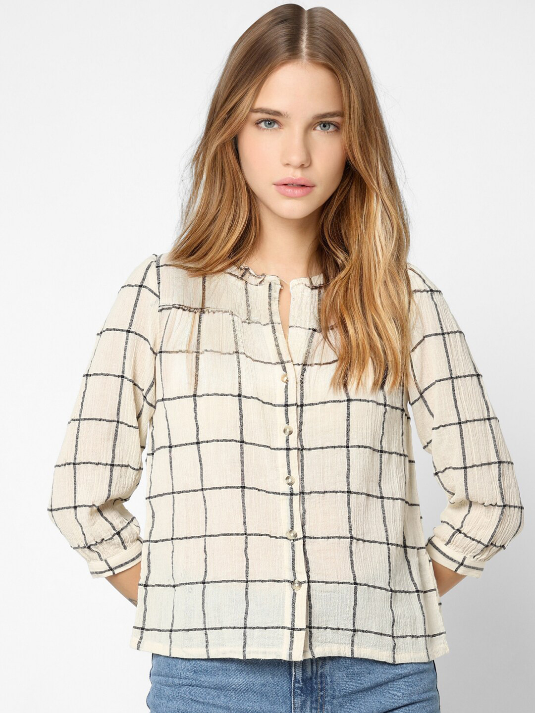 

ONLY Women Beige Windowpane Checked Casual Shirt