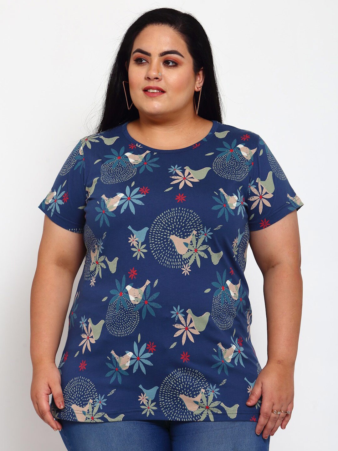 

plusS Women Blue Floral Printed T-shirt