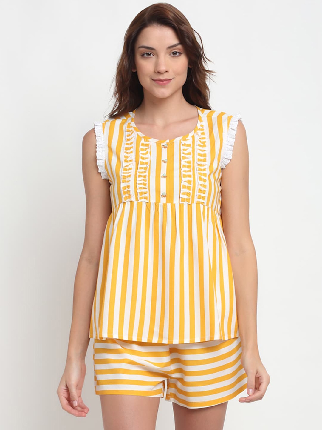 

BLANC9 Women Yellow Striped Night Suit
