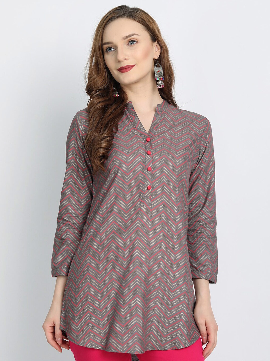 

fabGLOBAL Grey Geometric Mandarin Collar Shirt Style Top