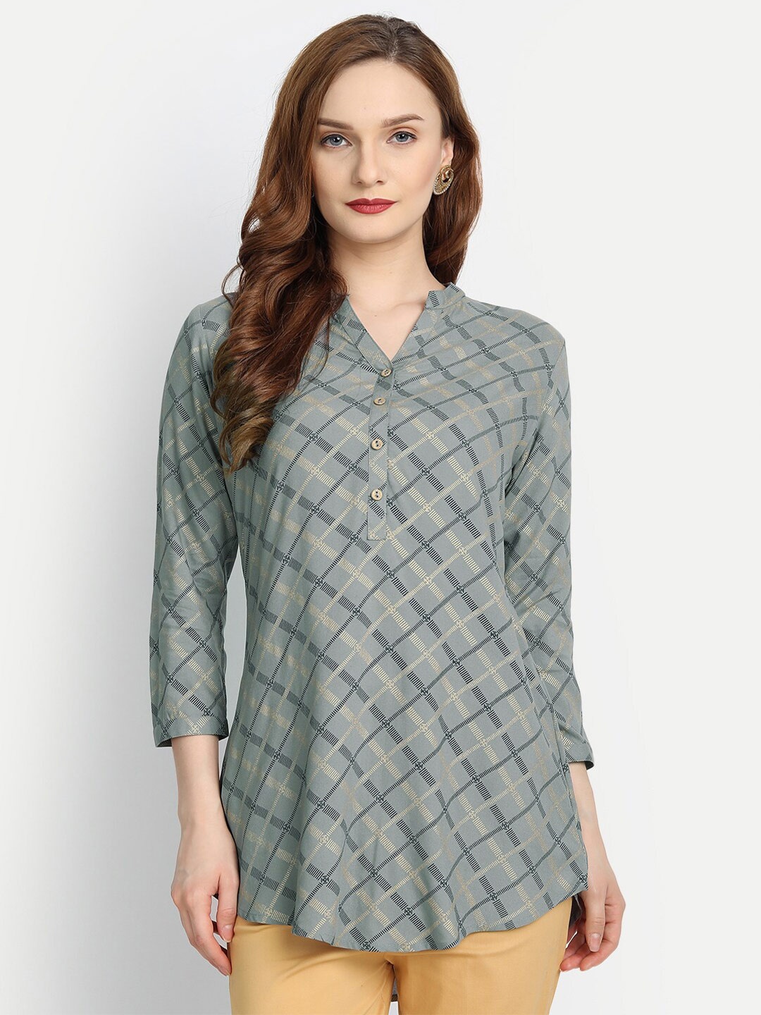 

fabGLOBAL Grey Checked Mandarin Collar Regular Top