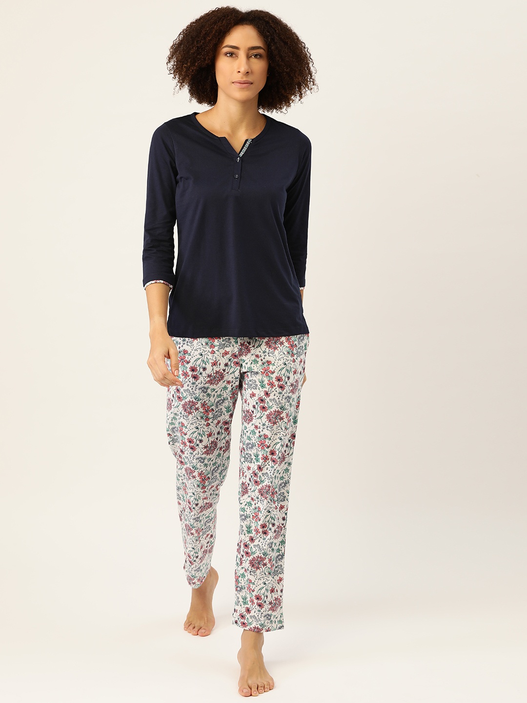 

MADAME M SECRET Women Navy Blue & Off-White Floral Printed Pyjamas Set