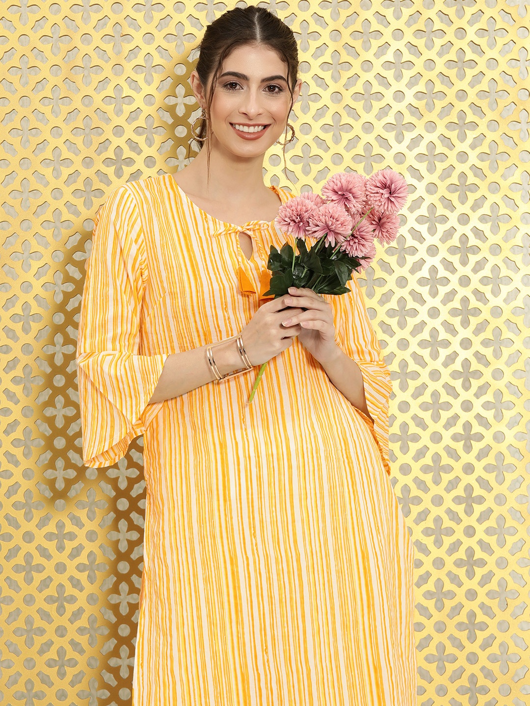 

Ode by House of Pataudi Women Yellow & White Striped Bell Sleeves Pure Cotton Rozana Kurta