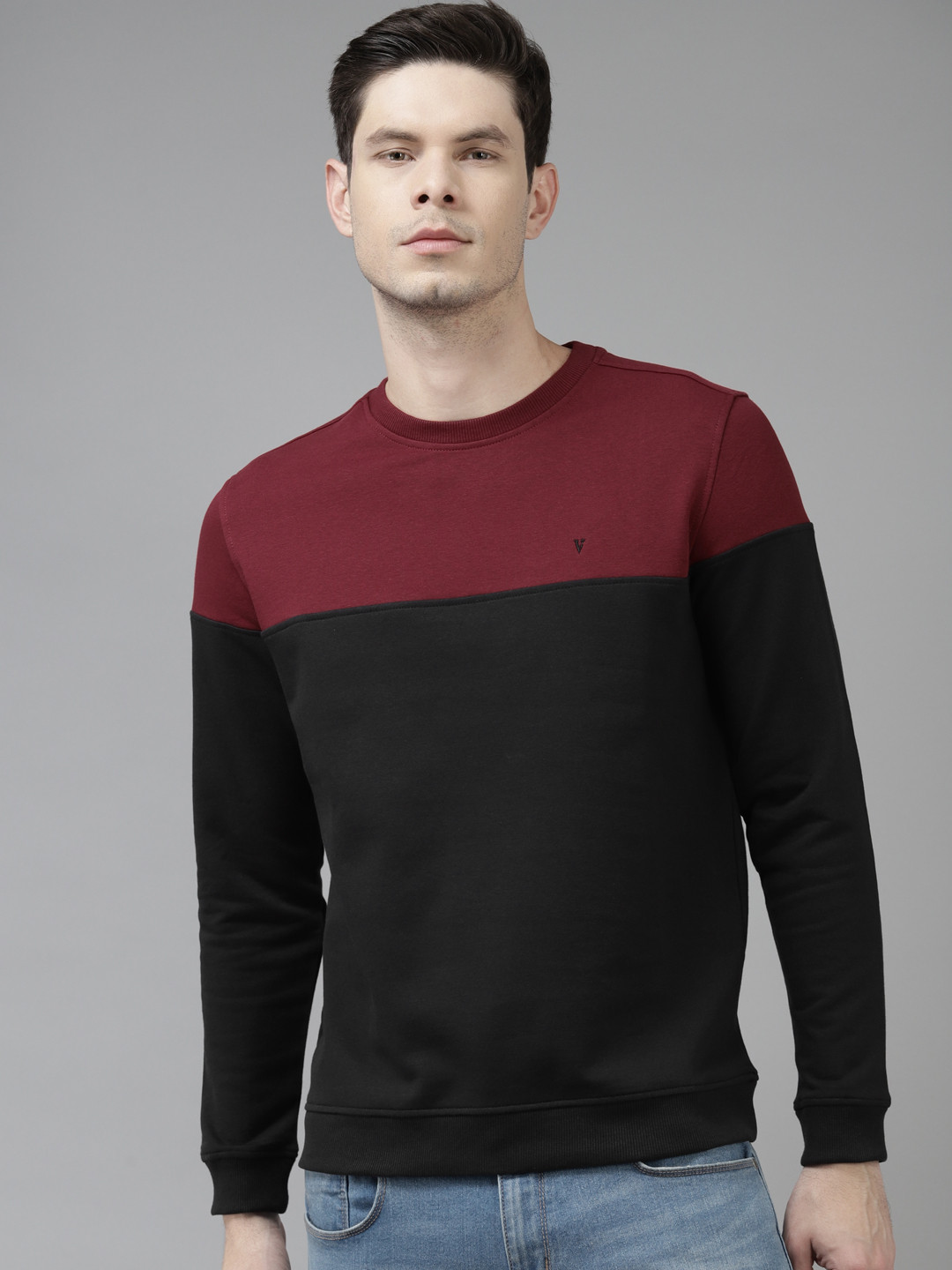 

Van Heusen Men Black & Maroon Colourblocked Pullover Sweatshirt