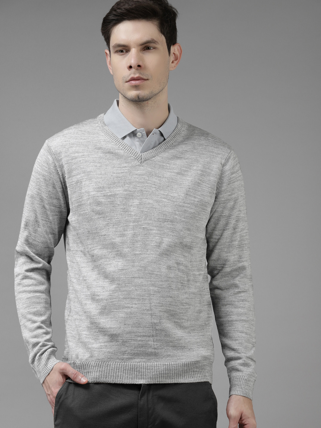 

Van Heusen Men Grey Melange Solid Pullover