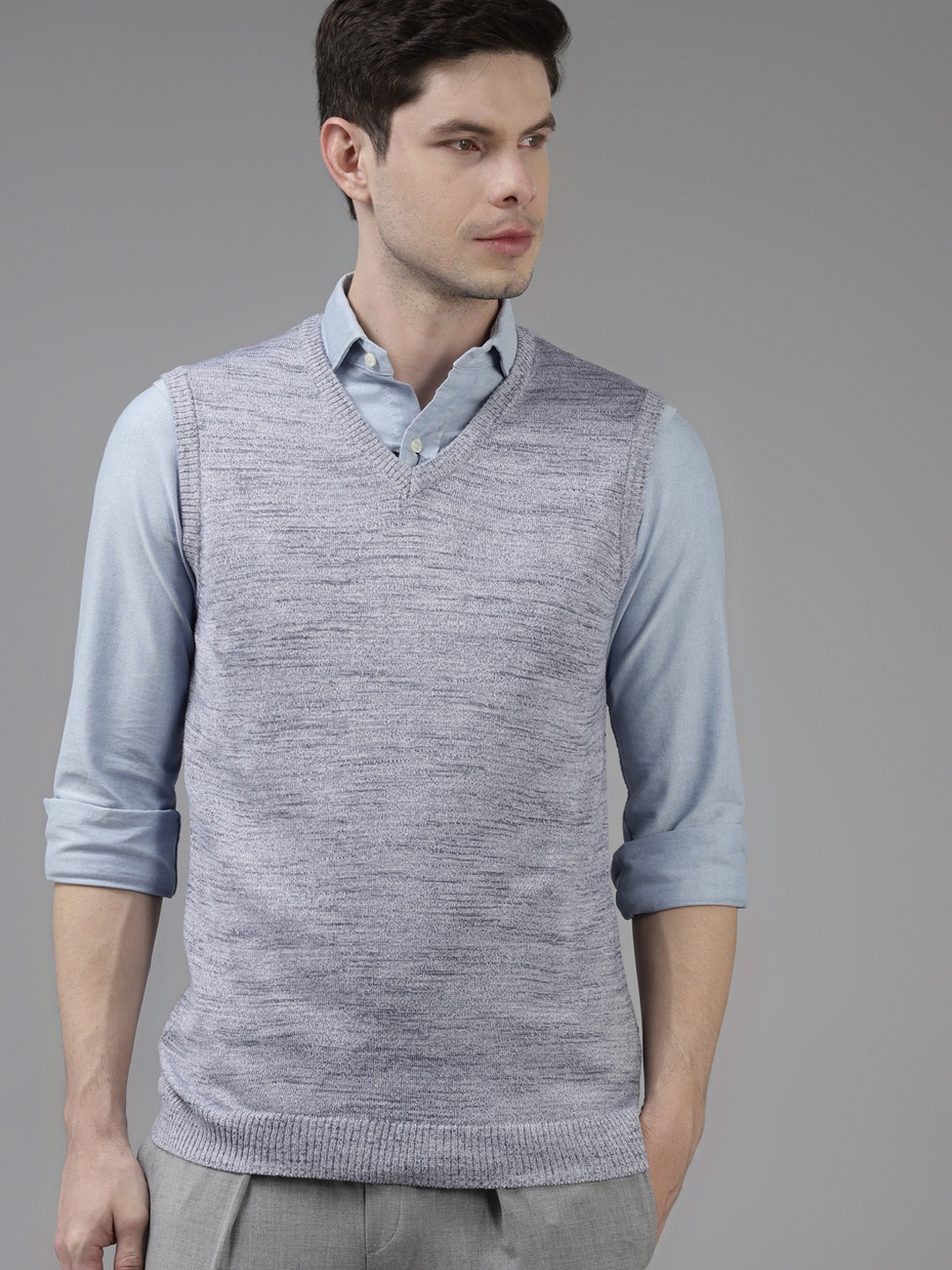 

Van Heusen Men Grey & Blue Self-Design Sweater Vest