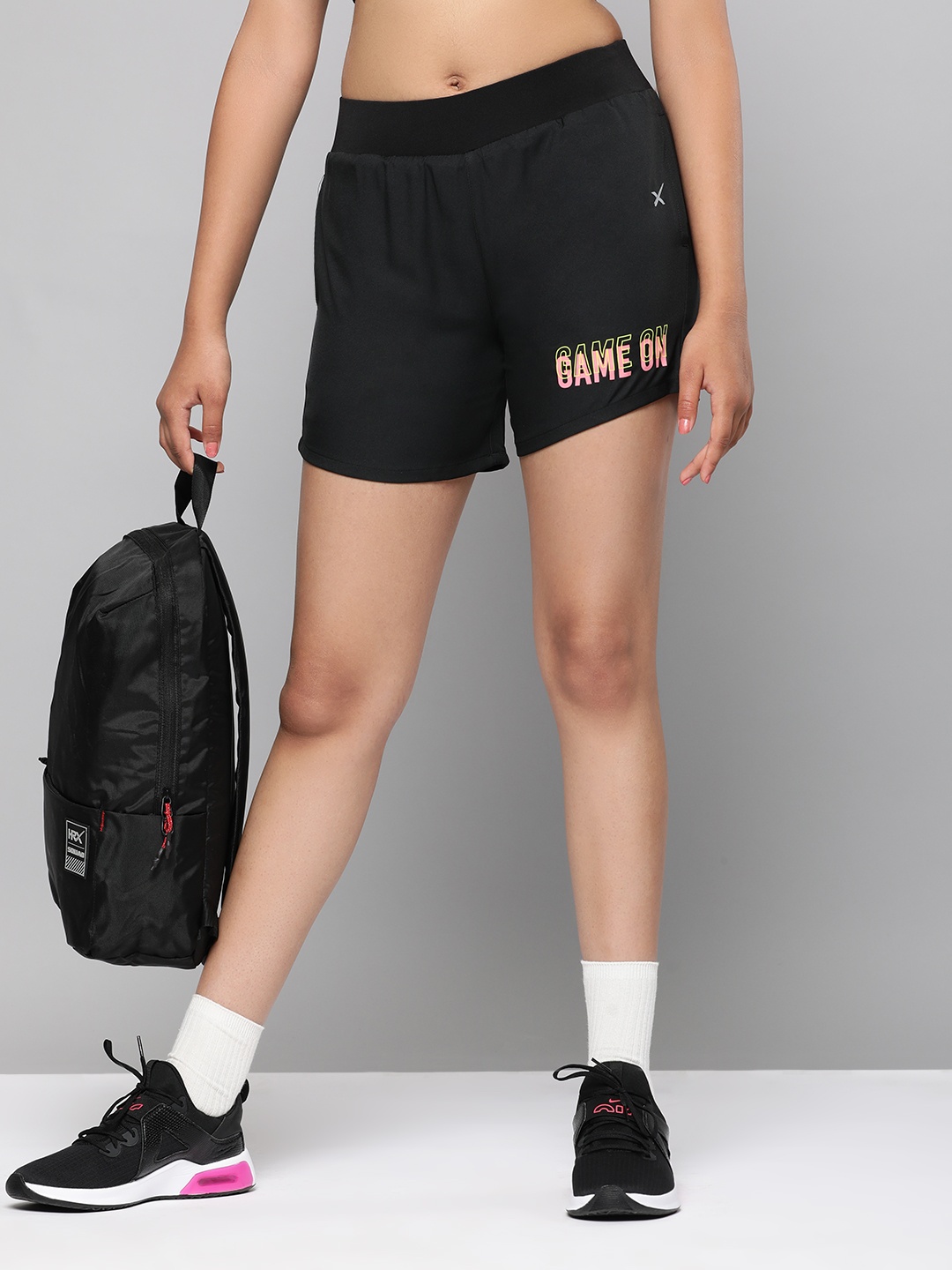 

HRX by Hrithik Roshan Girls Black Typography Printed Sports Shorts