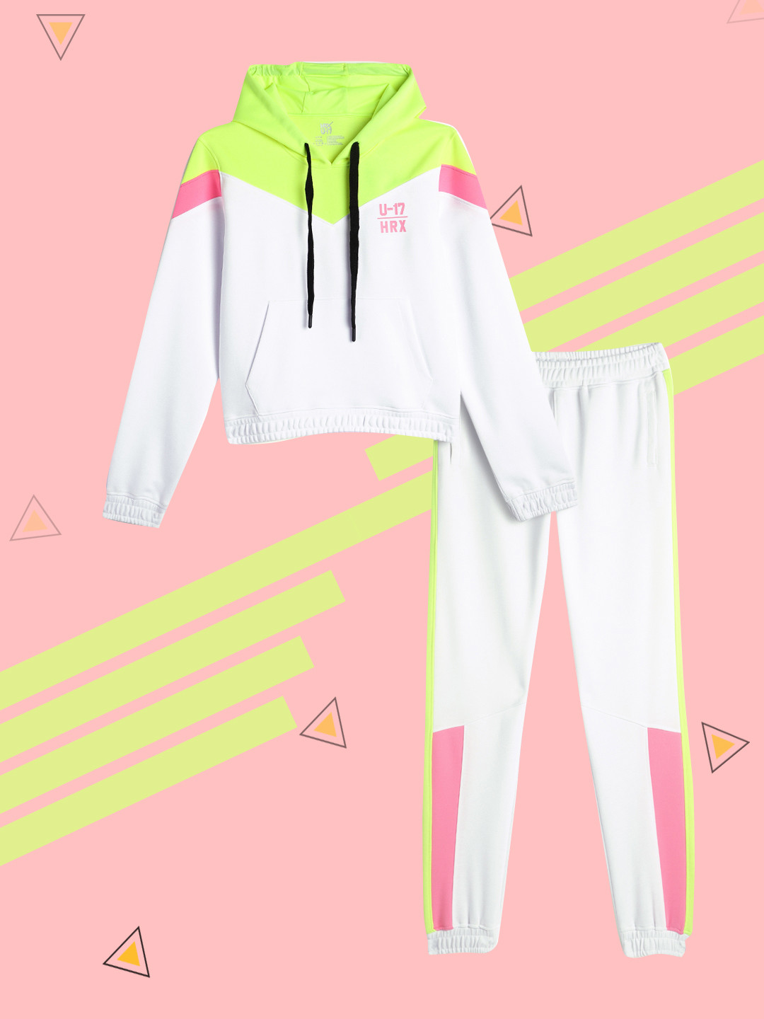 

HRX By Hrithik Roshan U-17 Active Girls White & Fluorescent Green Colourblocked Tracksuit