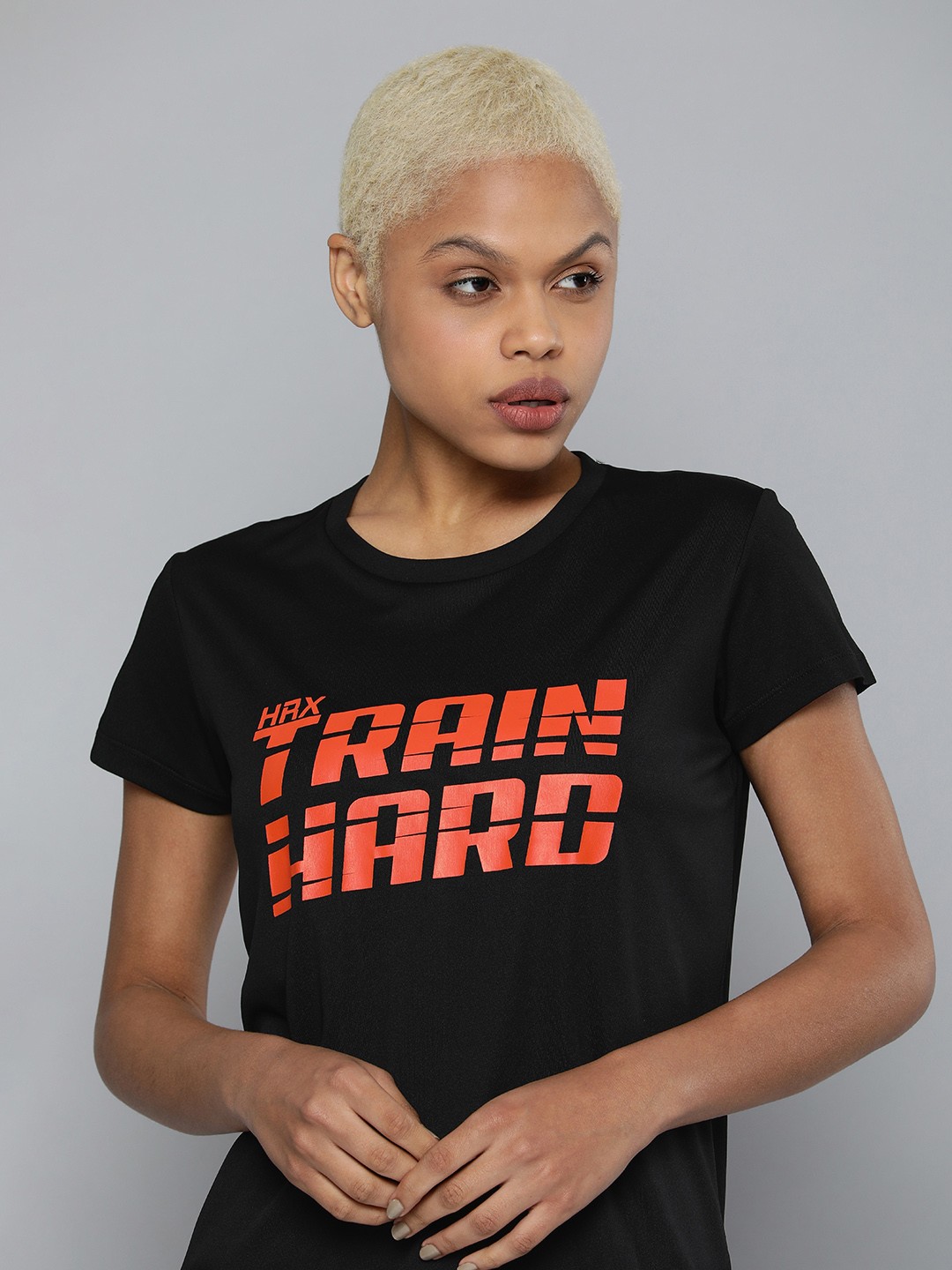 

HRX By Hrithik Roshan Training Women Jet Black Rapid-Dry Typography Tshirts