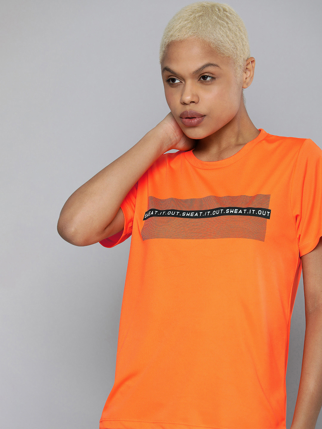 

HRX By Hrithik Roshan Training Women Neon Orange Rapid-Dry Typography Tshirts