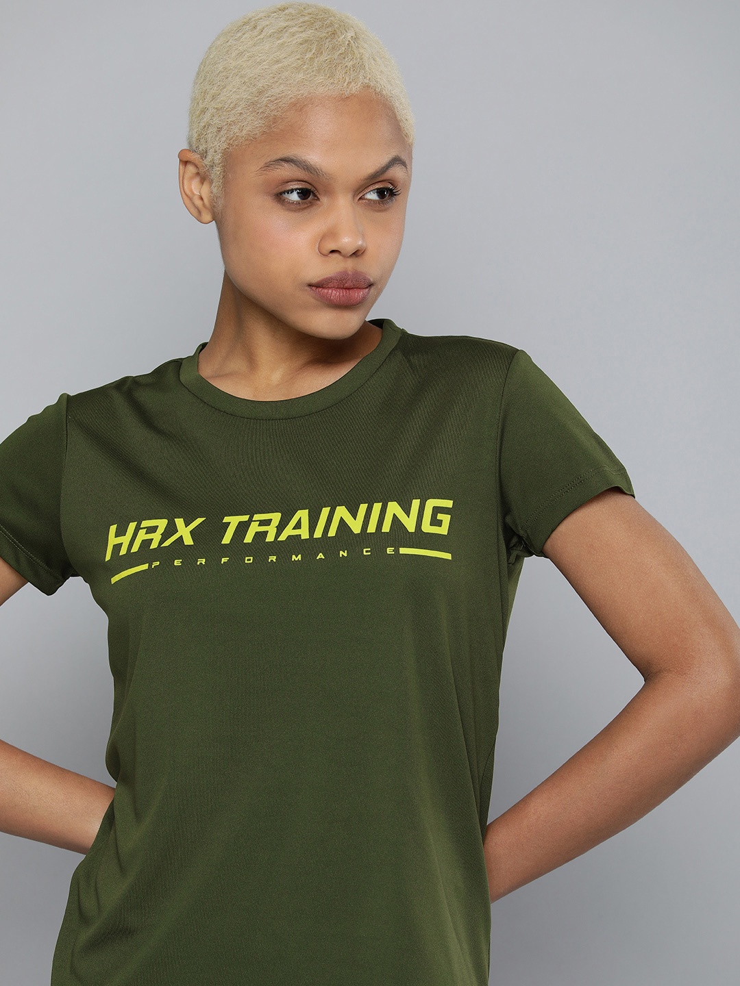 

HRX By Hrithik Roshan Training Women Kombu Green Rapid-Dry Typography Tshirts, Olive