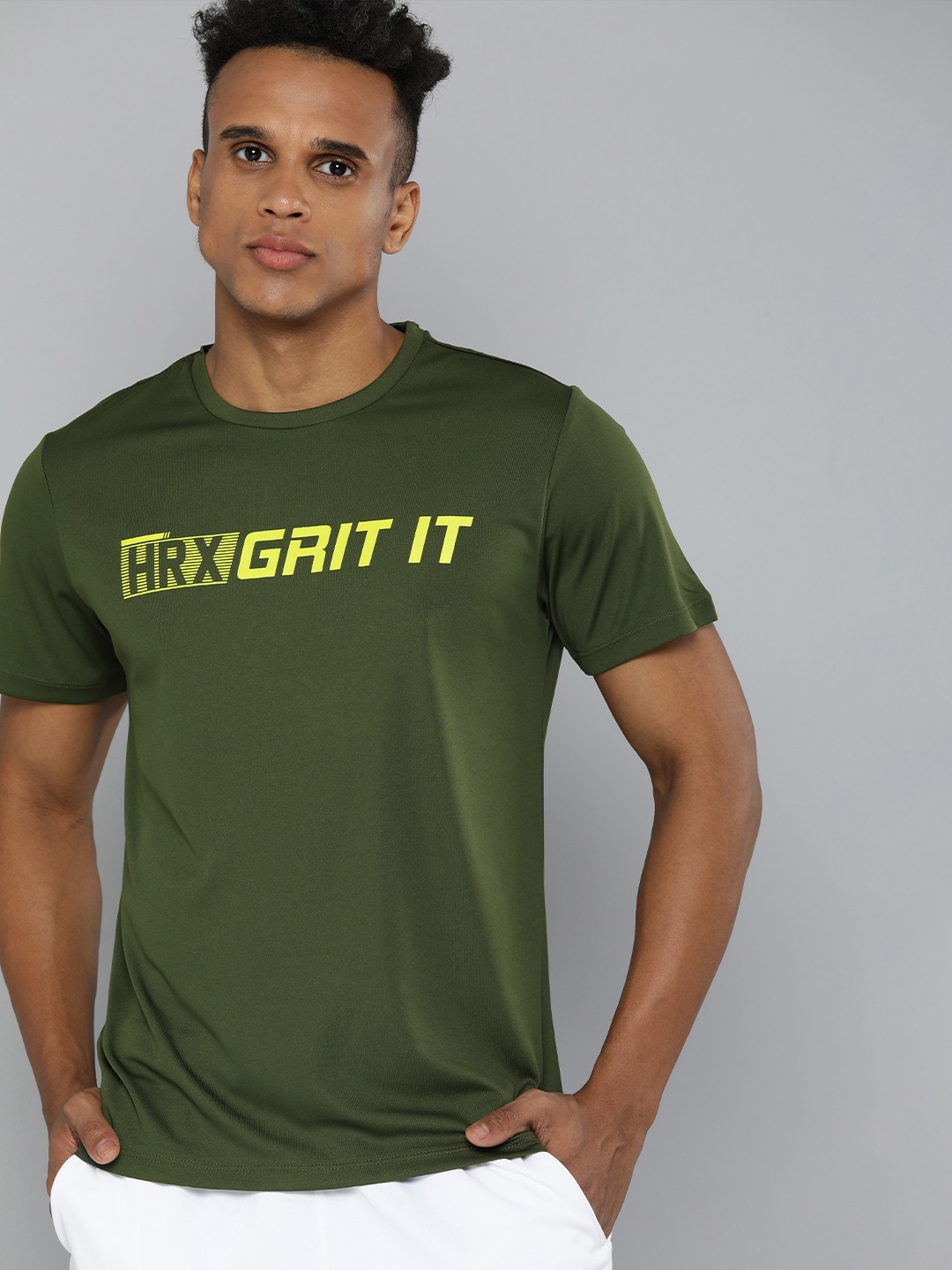 

HRX by Hrithik Roshan Men Olive Green Typography Printed Rapid-Dry T-shirt