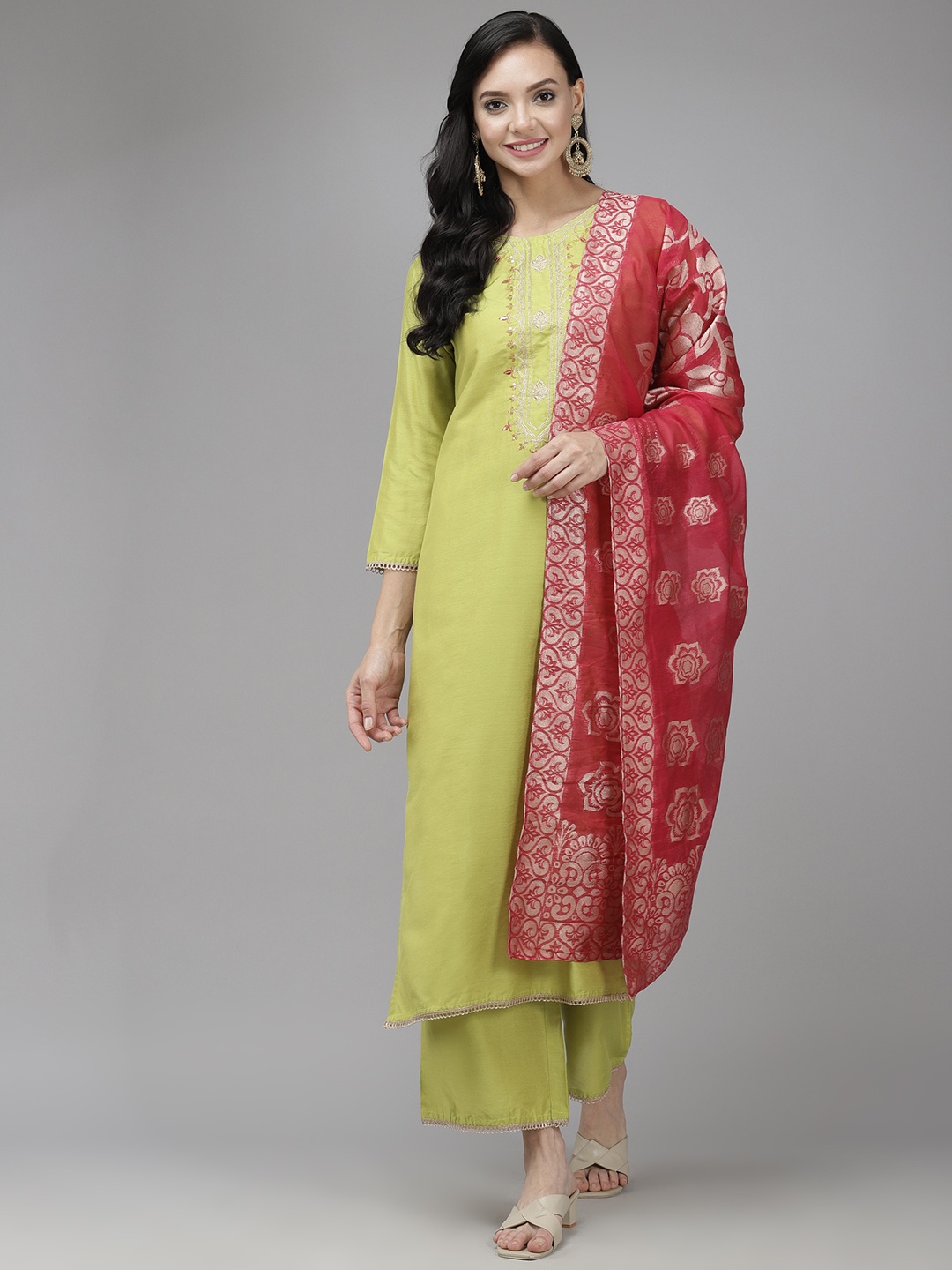 

Indo Era Women Green Ethnic Motifs Yoke Design Tussar Silk Kurta with Palazzos & Dupatta