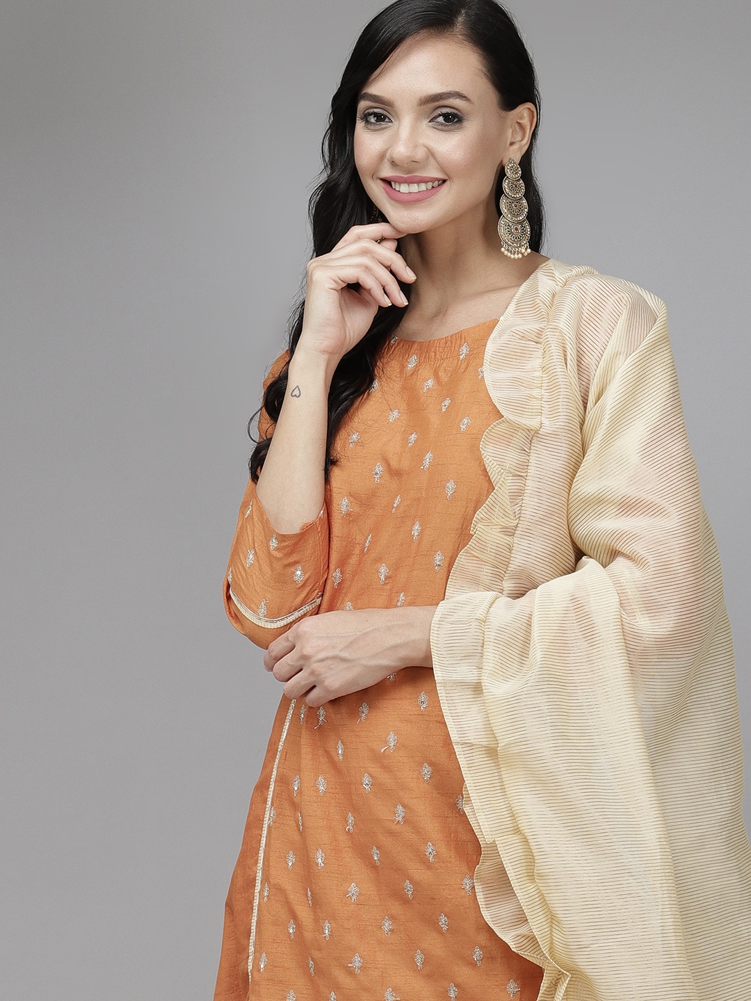 

Indo Era Women Mustard Yellow Floral Embroidered Gotta Patti Kurta with Trousers & Dupatta