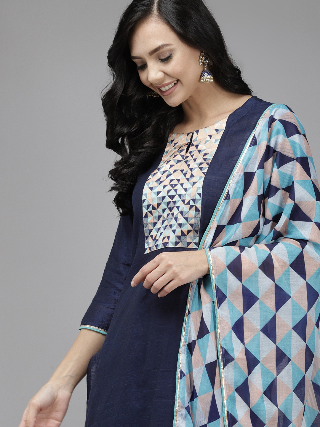 

Indo Era Women Navy Blue Ethnic Motifs Yoke Design Regular Kurta with Palazzos & With Dupatta