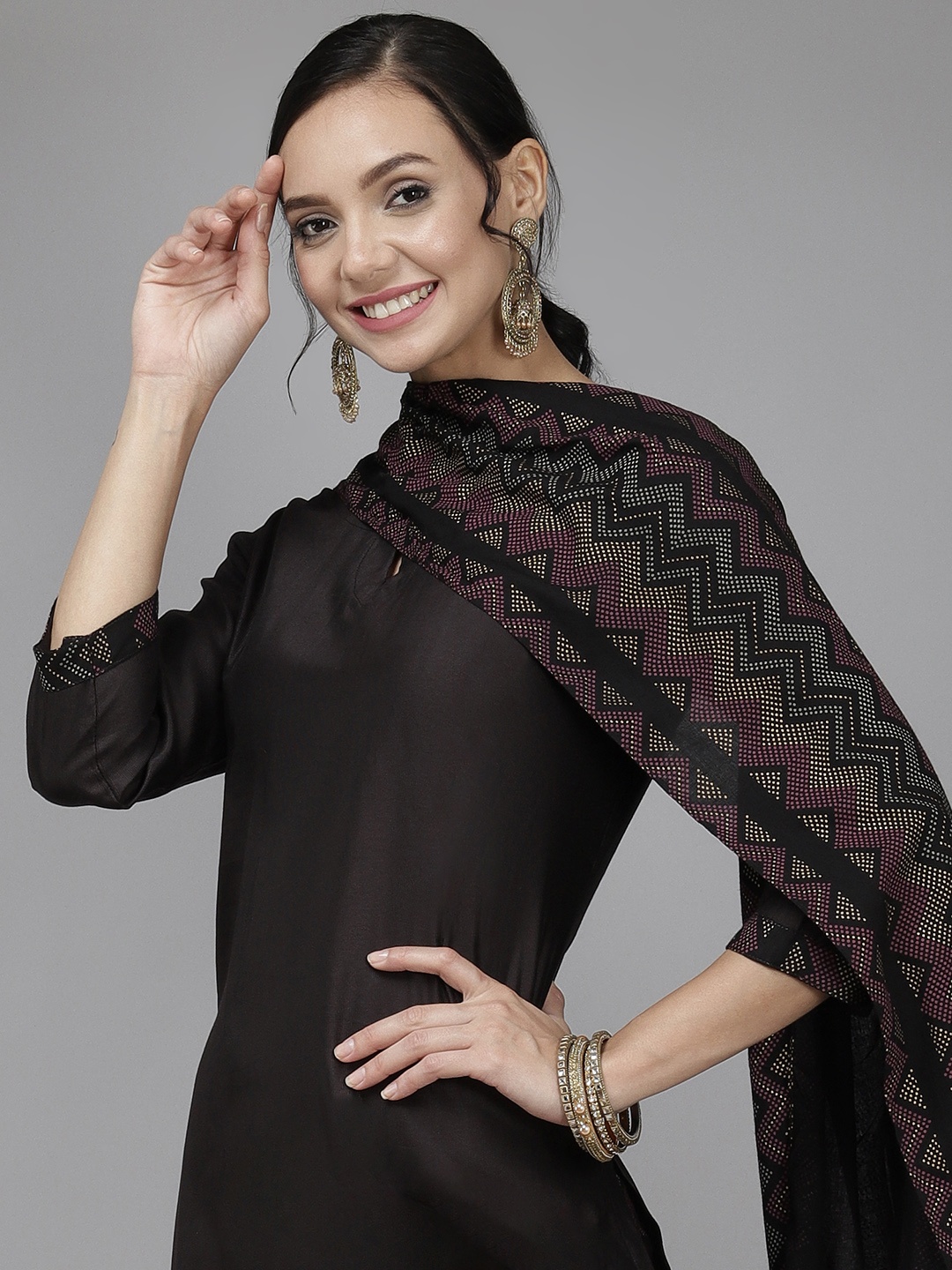 

Indo Era Women Black Regular Kurta with Palazzos & Dupatta