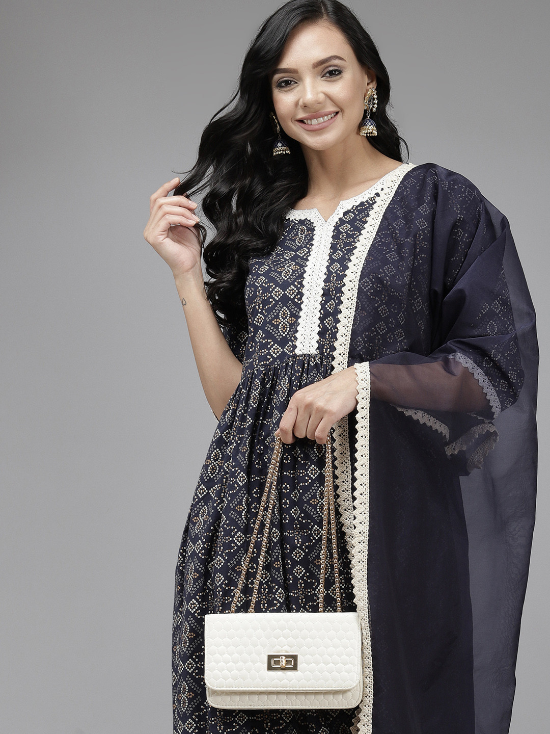 

Indo Era Women Navy Blue & Golden Printed Gotta Patti Kurta with Trousers & Dupatta