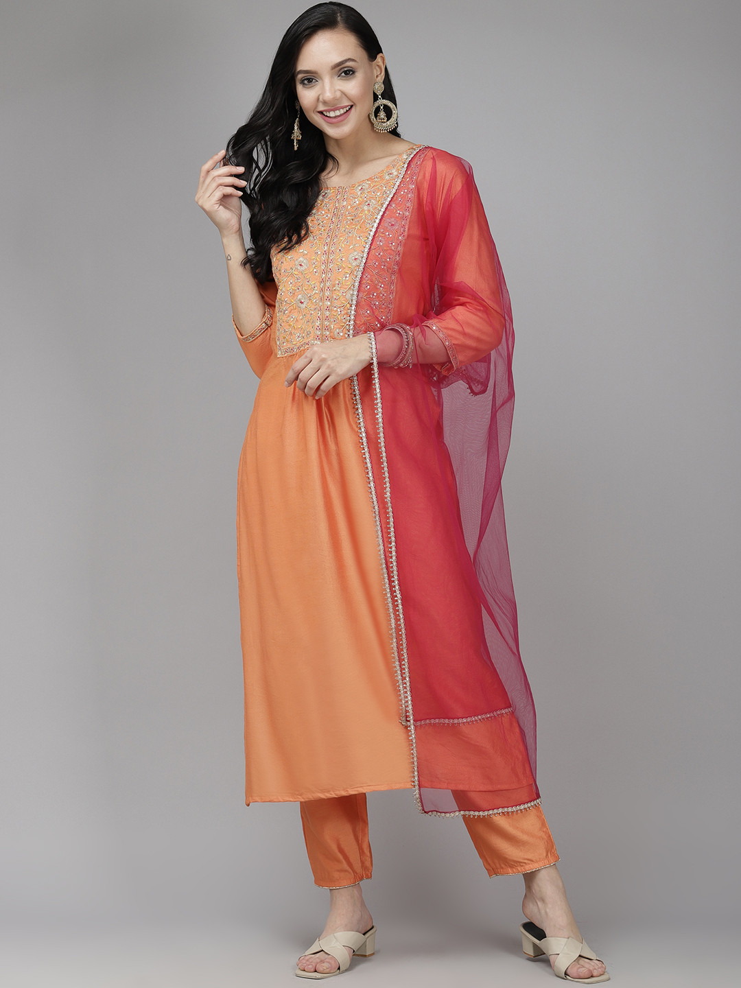 

Indo Era Women Orange Floral Yoke Design Pleated Sequinned Kurta with Palazzos & Dupatta
