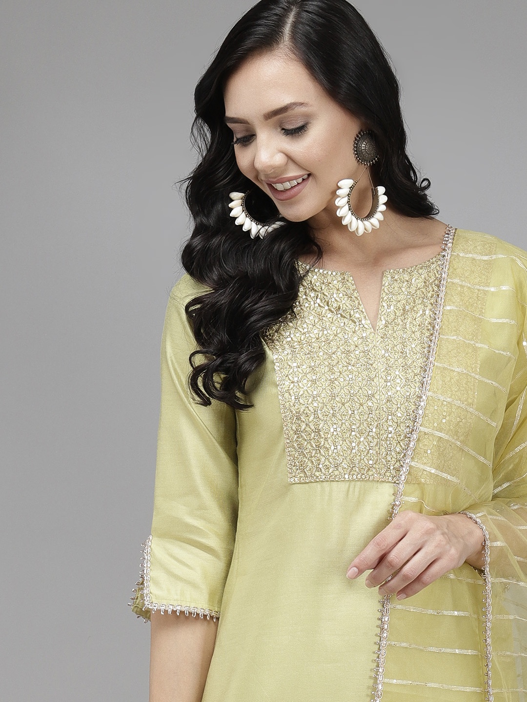 

Indo Era Women Green Yoke Design Liva Kurta with Palazzos & Dupatta