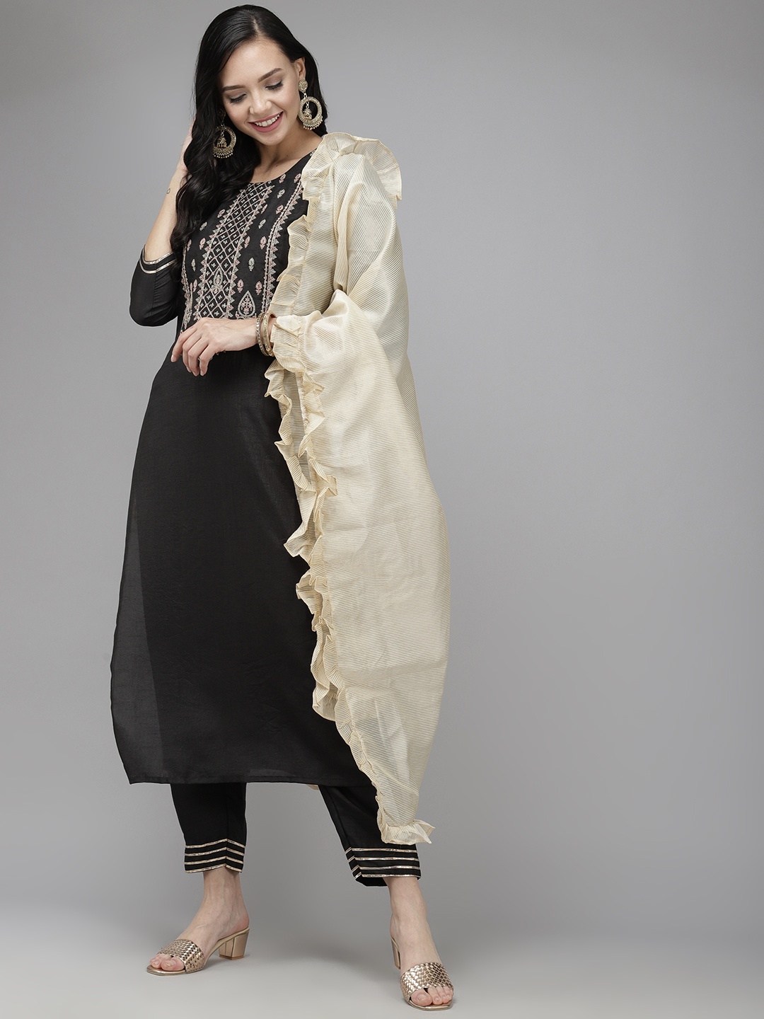

Indo Era Women Black Yoke Design Regular Liva Kurta with Trousers & Dupatta