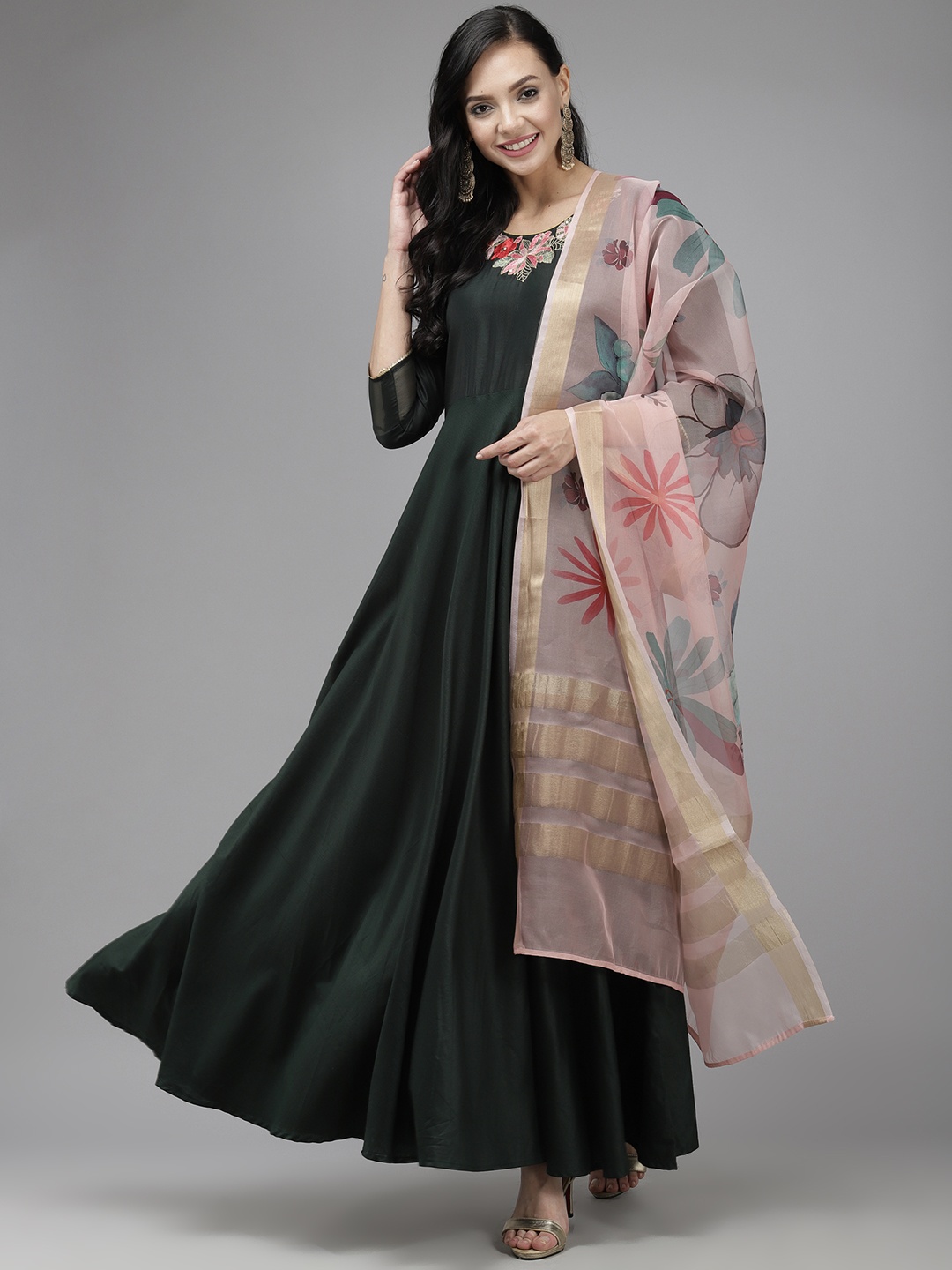 

Indo Era Green Ethnic Maxi Dress with Dupatta