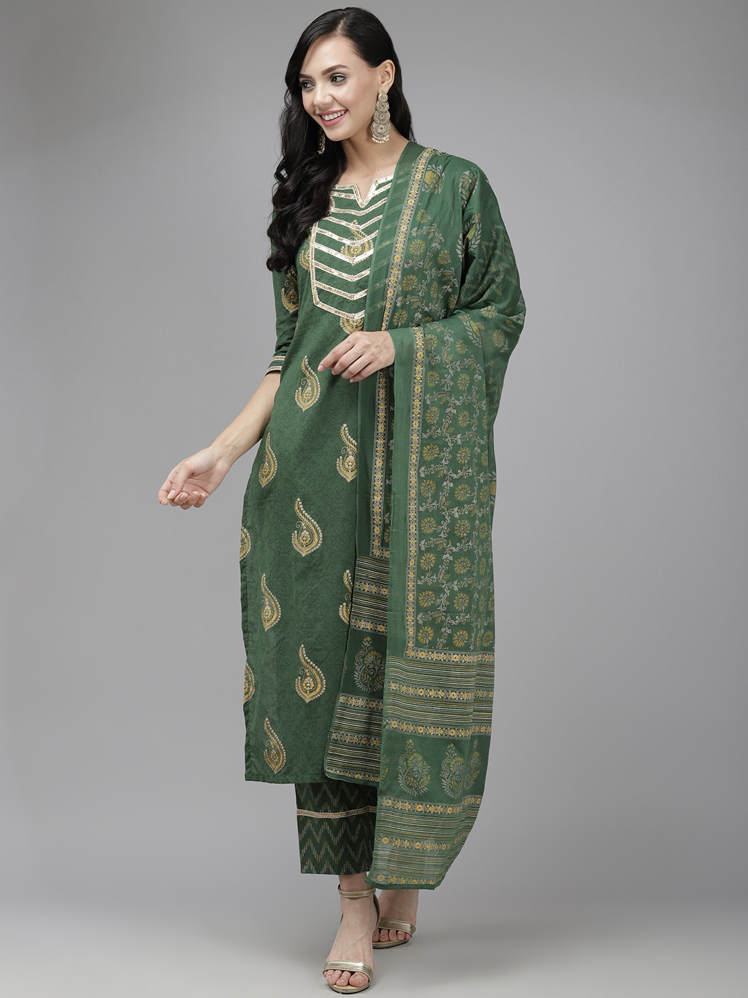 

Indo Era Women Green Printed Regular Sequinned Kurta with Trousers & Dupatta
