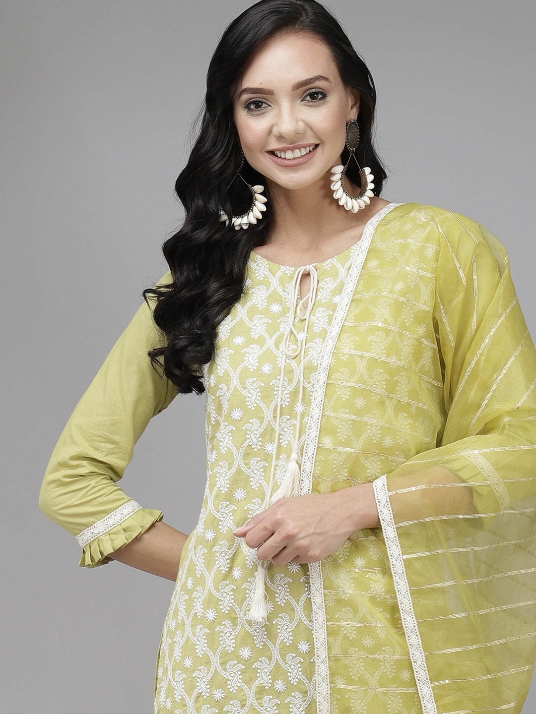 

Indo Era Women Green Ethnic Motifs Embroidered Regular Sequinned Kurta with Trousers & With Dupatta