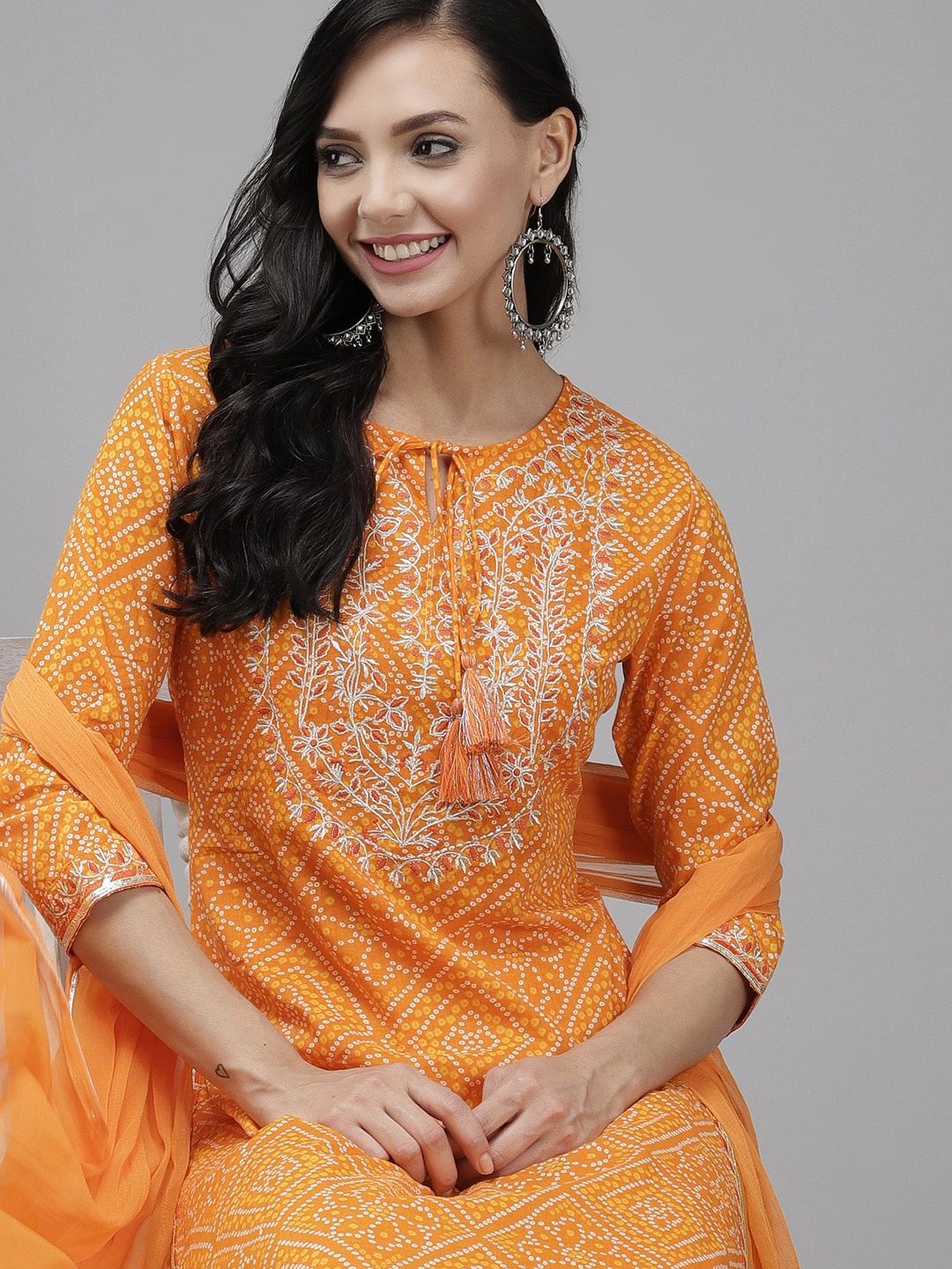 

Indo Era Women Orange Bandhani Print Gotta Patti Kurta with Palazzos & Dupatta