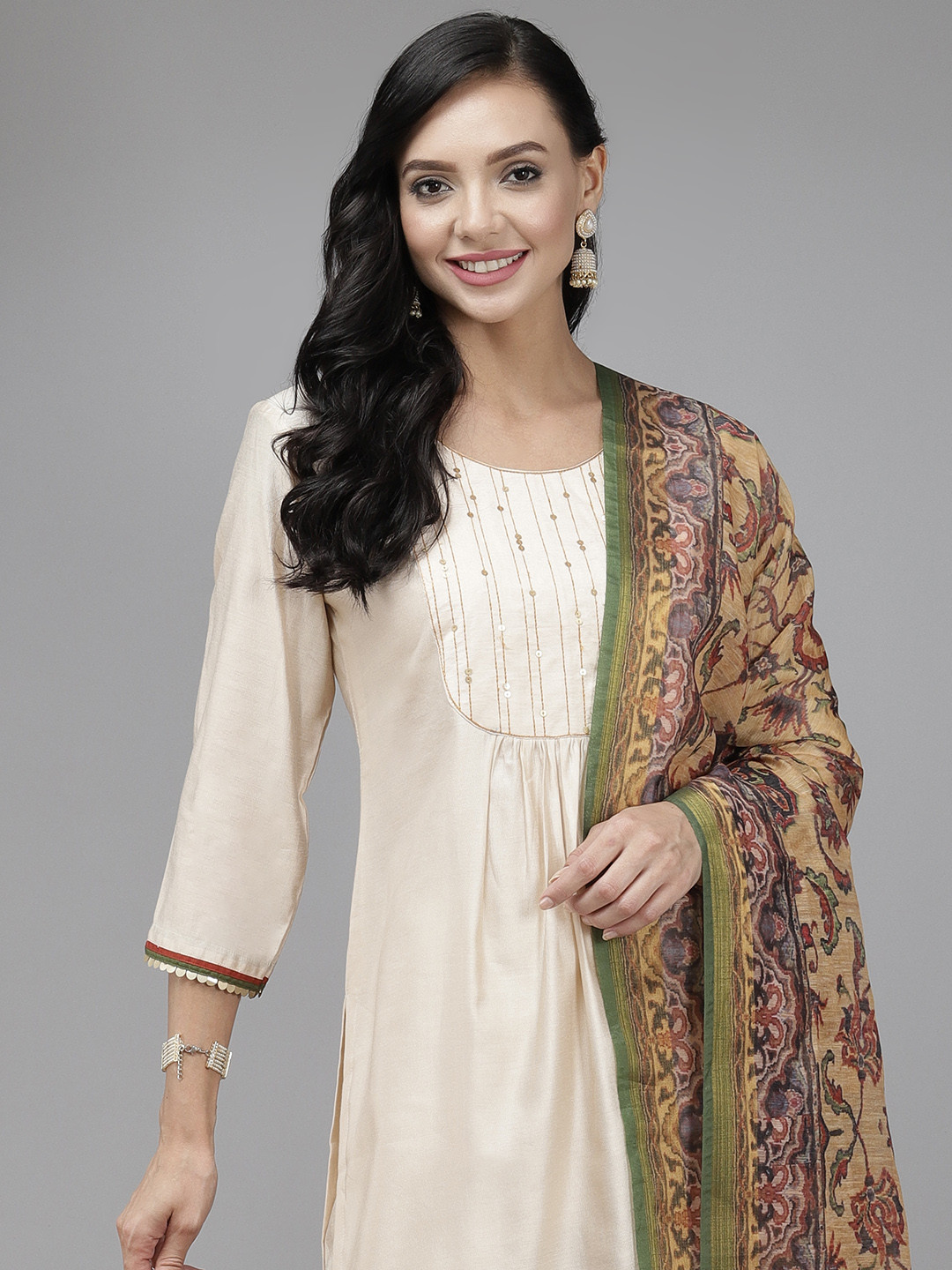 

Indo Era Women Off White Yoke Design Kurta with Trousers & Printed Dupatta
