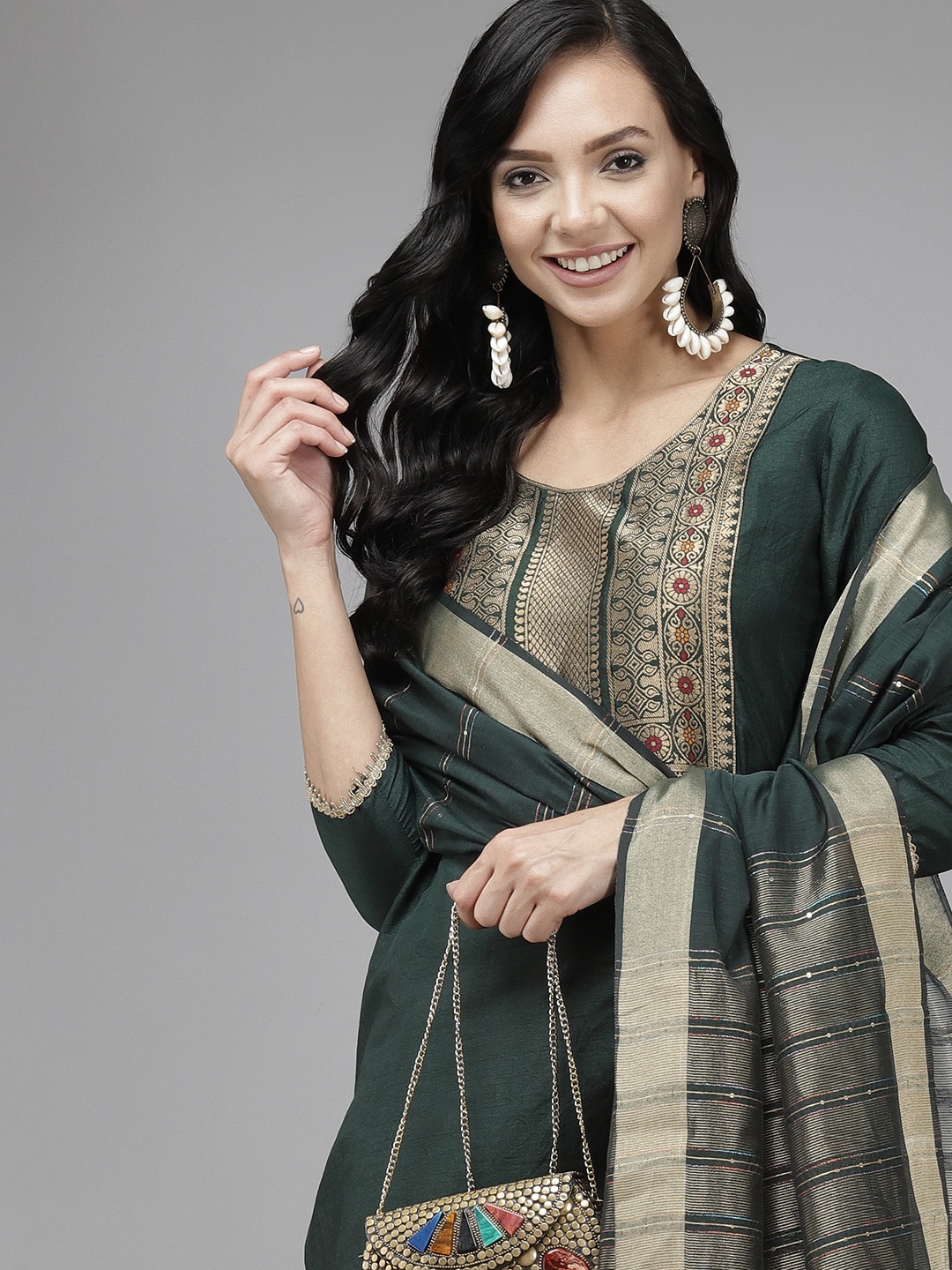 

Indo Era Women Green Yoke Design Regular Kurta with Palazzos & Dupatta