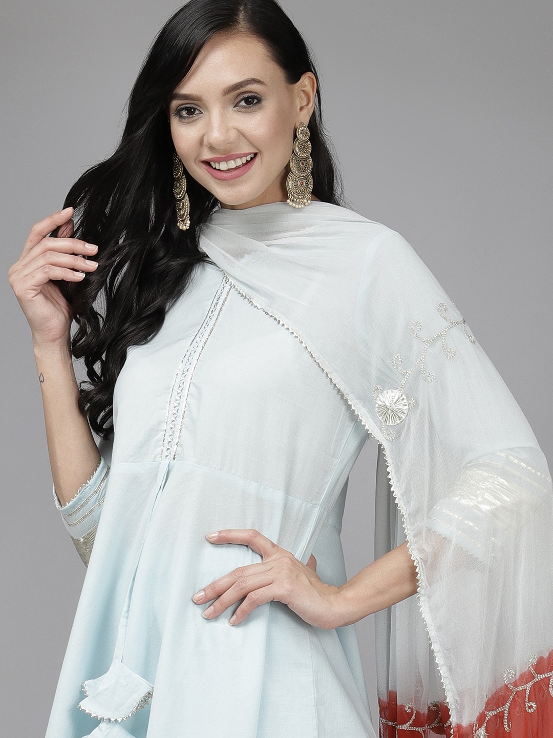 

Indo Era Women Blue Empire Pure Cotton Kurta with Skirt & Dupatta
