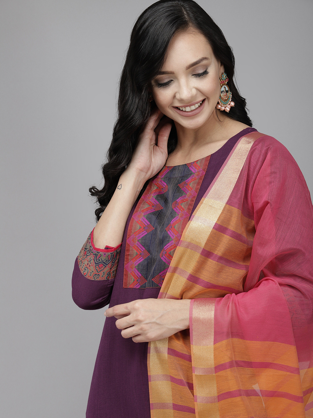 

Indo Era Women Purple Floral Yoke Design Regular Kurta with Palazzos & Dupatta