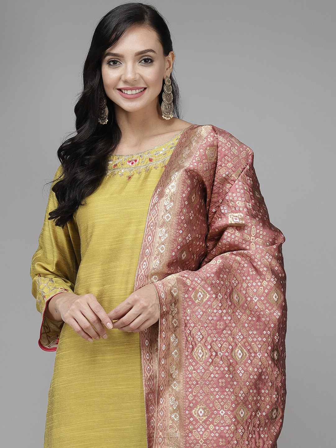 

Indo Era Women Khaki Yoke Design Regular Liva Kurta with Palazzos & With Dupatta