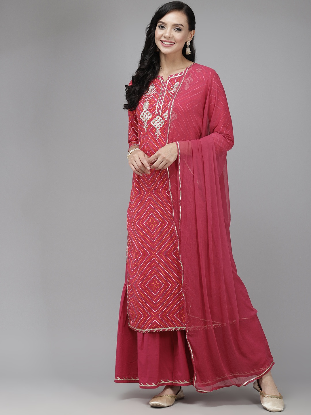 

Indo Era Women Pink Bandhani Print Gotta Patti Kurta with Sharara & Dupatta