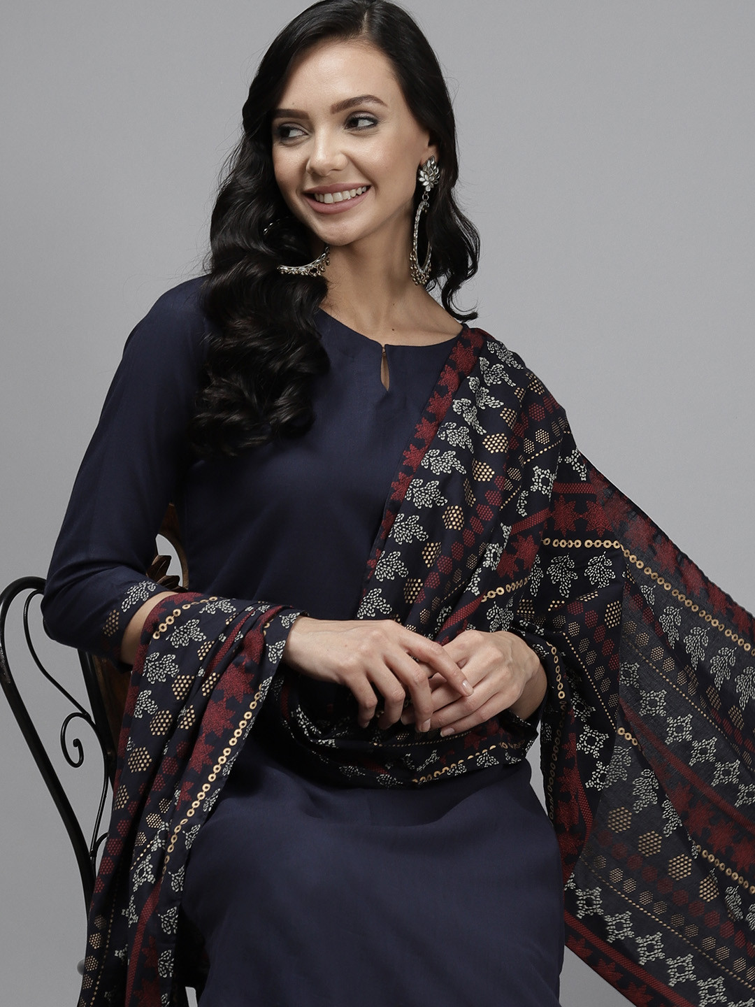 

Indo Era Women Navy Blue Solid Kurta with Palazzos & Dupatta