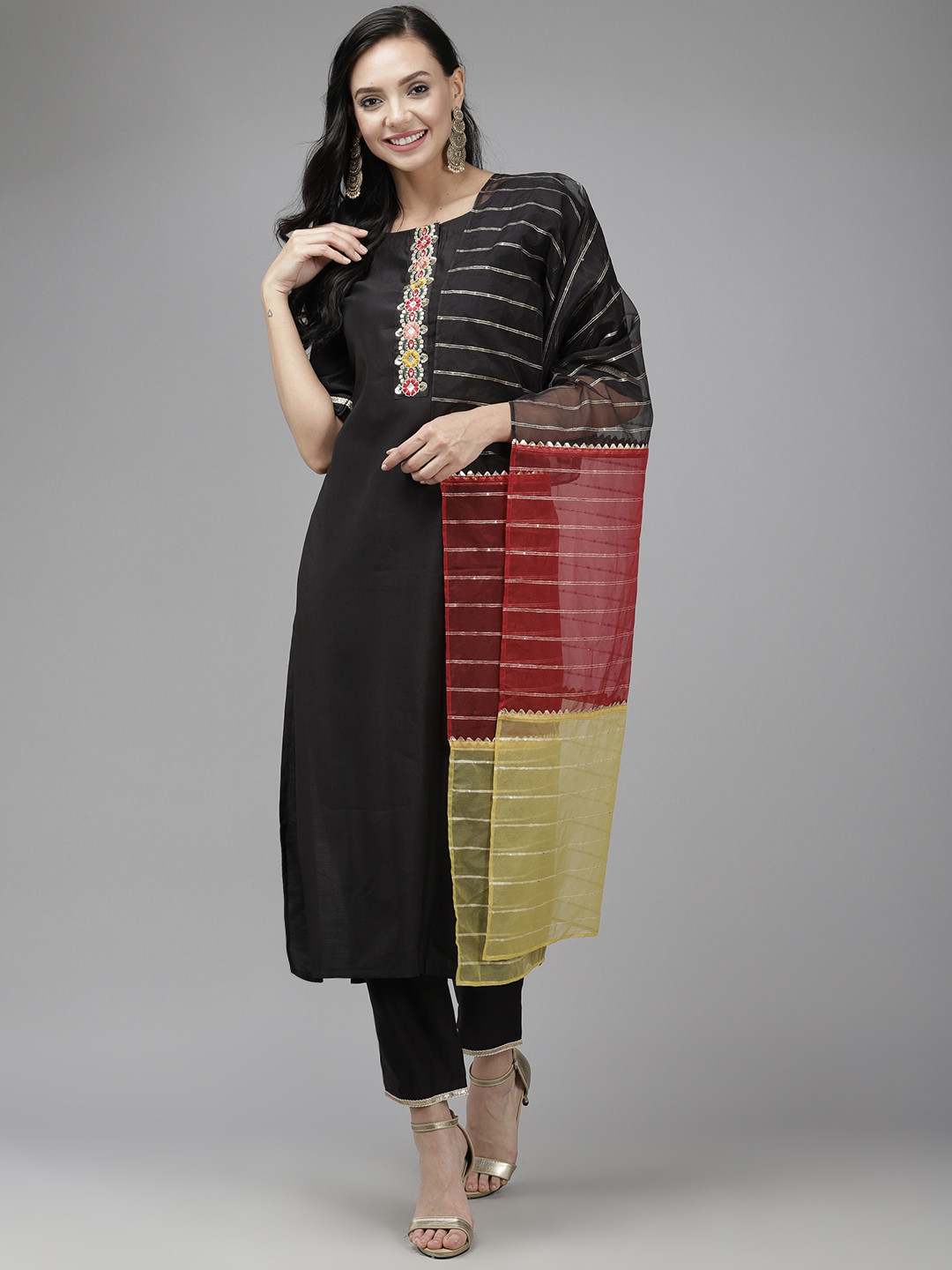 

Indo Era Women Black Regular Thread Work Liva Kurta with Trousers & Dupatta